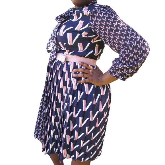 Navy and pink chiffon long sleeve dress - Picture 2 of 5